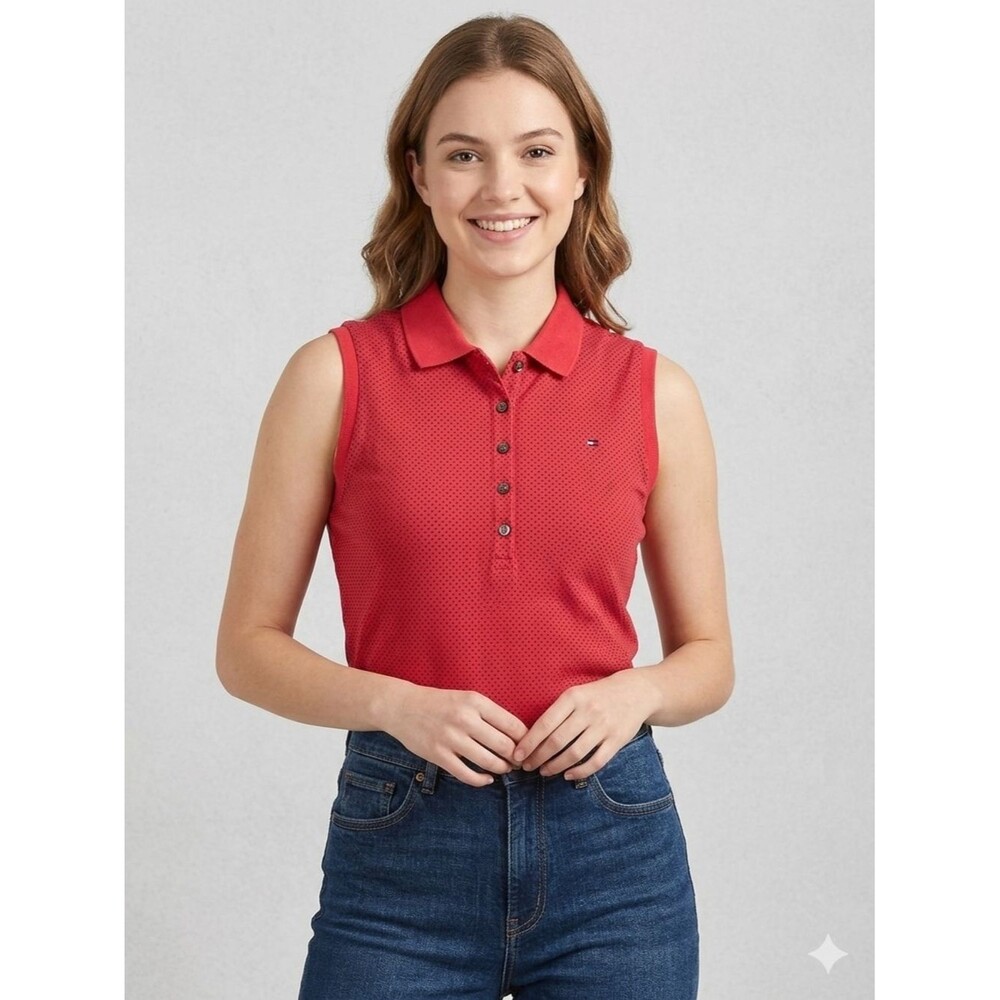 Tommy Hilfiger Red Polka Dot Sleeveless Polo Shirt Size Large Preppy Golf